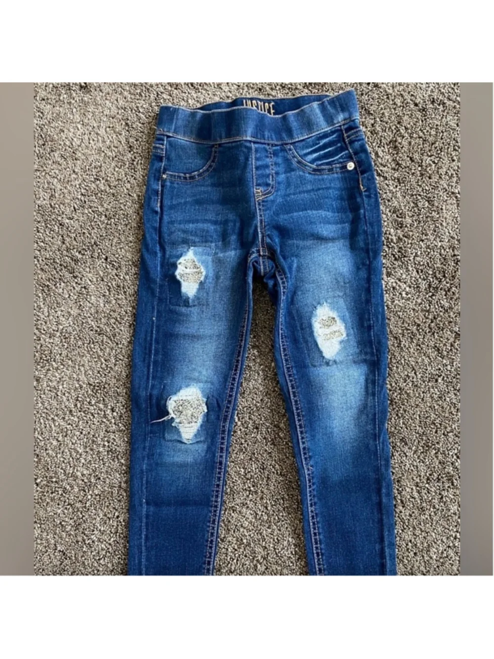 Justice Girls Jeans Blue Distressed Jegging Glitter Detail Size 7